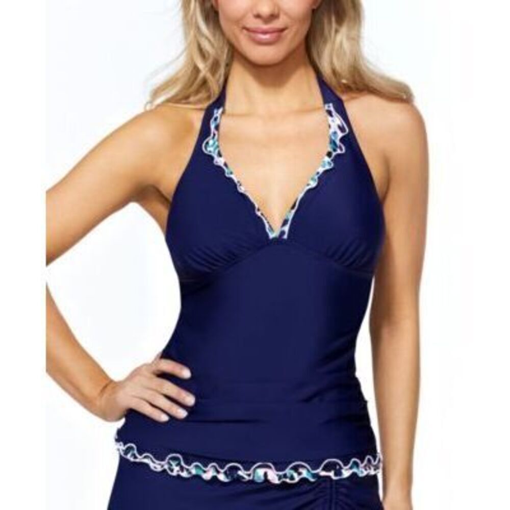 Island Escape Women's Navy Halterkini Top Swimsuit 14 NWT